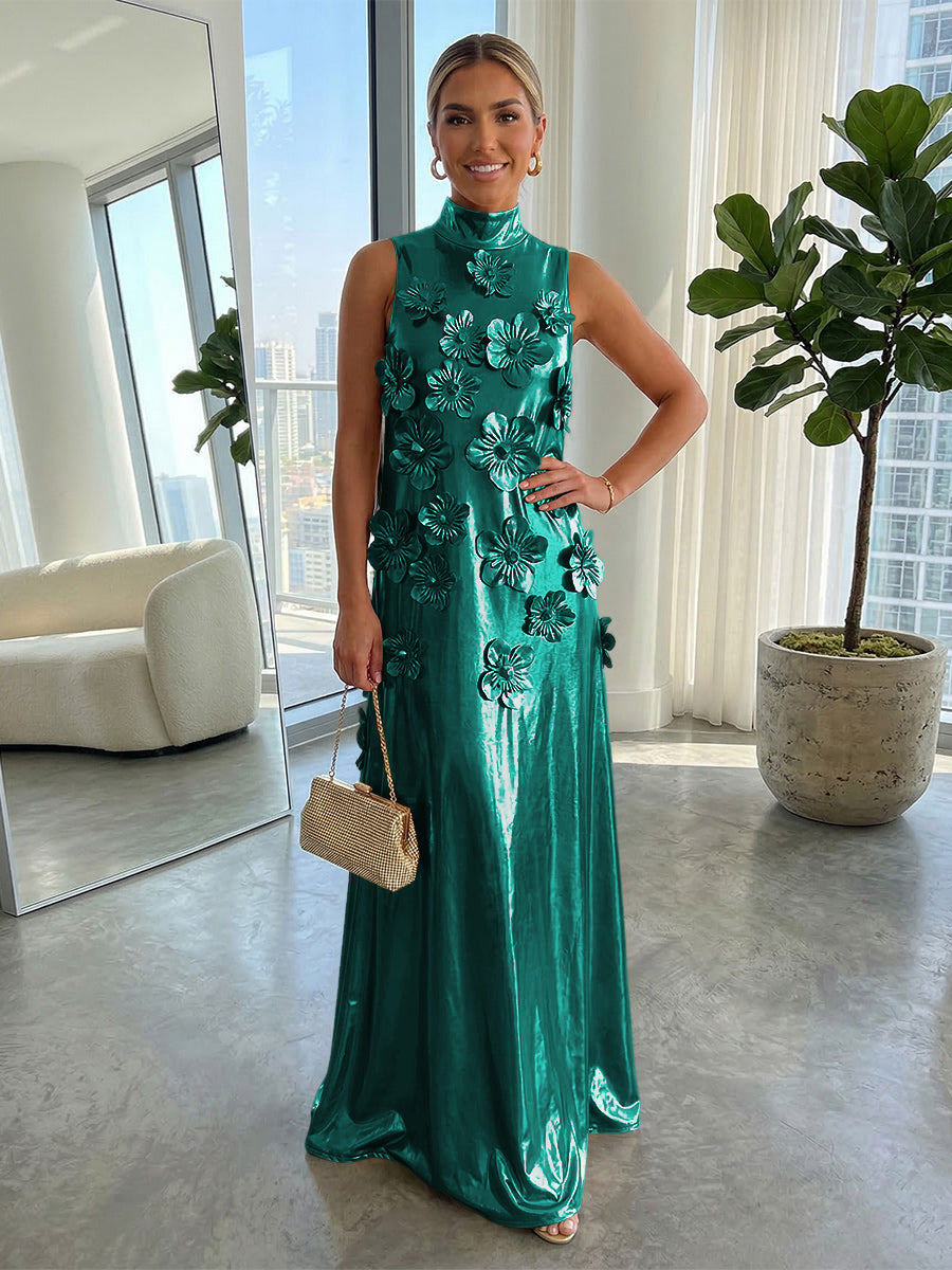 High-Neck Sleeveless 3D-Floral Applique Satin Pleated Fitted Mother of the Bride Dress