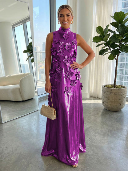 High-Neck Sleeveless 3D-Floral Applique Satin Pleated Fitted Mother of the Bride Dress