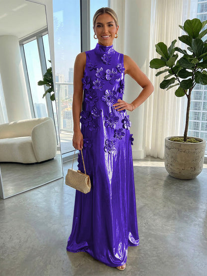 High-Neck Sleeveless 3D-Floral Applique Satin Pleated Fitted Mother of the Bride Dress