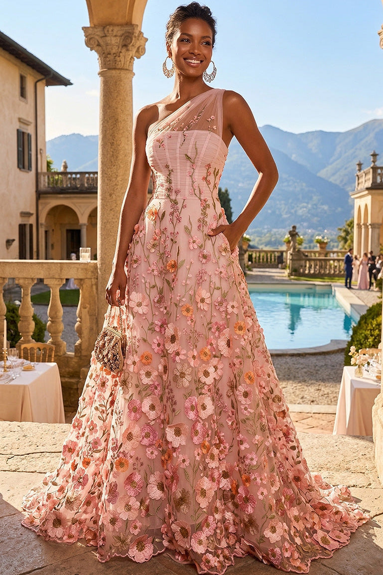 Tube Top One-Strap Sleeveless 3D-Floral Applique Tulle Pleated A-Line Evening Dress