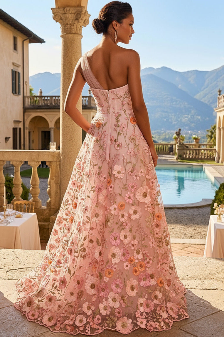 Tube Top One-Strap Sleeveless 3D-Floral Applique Tulle Pleated A-Line Evening Dress