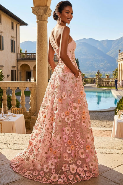 Tube Top One-Strap Sleeveless 3D-Floral Applique Tulle Pleated A-Line Evening Dress