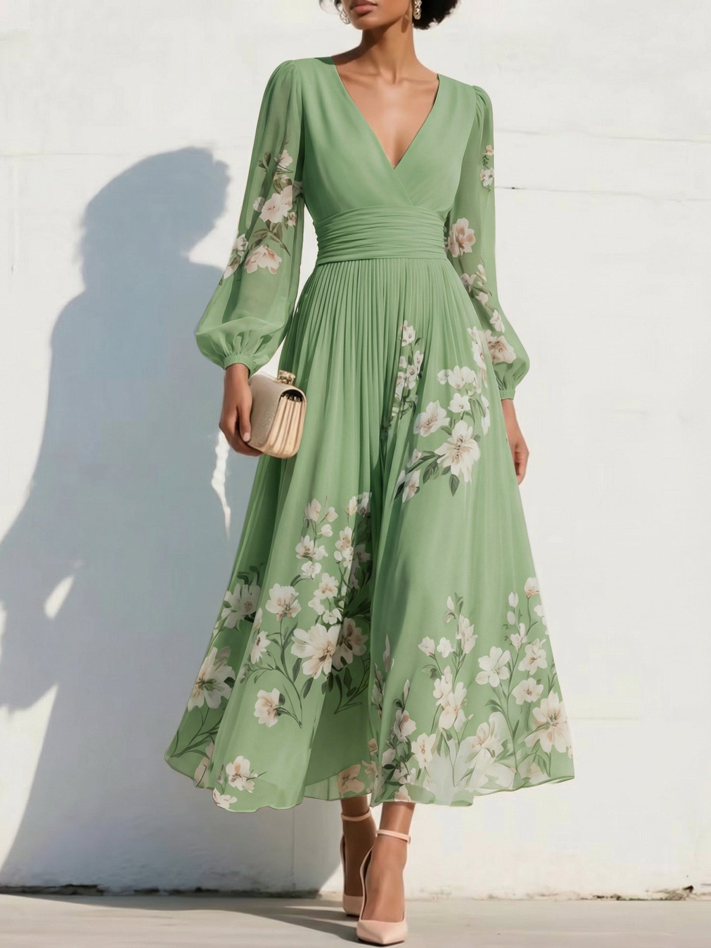 V-Neck Long-Sleeves Print-Chiffon Pleated Tea-Length A-Line Mother of the Bride Dress