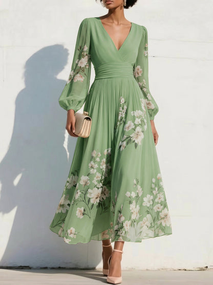 V-Neck Long-Sleeves Print-Chiffon Pleated Tea-Length A-Line Mother of the Bride Dress