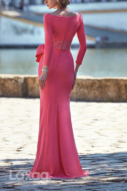 23095 - Scoop Long Sleeves Lace Sleek Satin Mother Of the Bride Dress with Slit