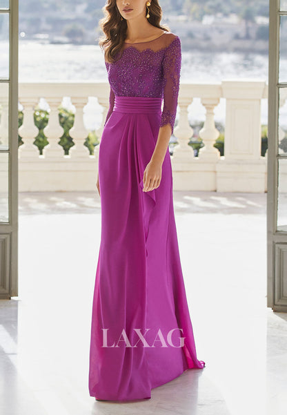 23106 - Scoop Quarter Sleeves Beaded Lace Sleek Satin Cocktail Party Formal Evening Dress