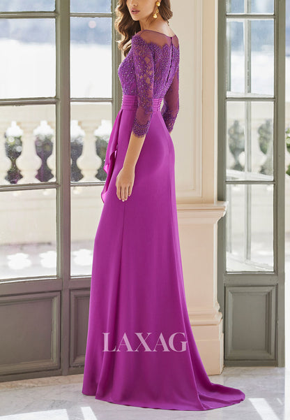 23106 - Scoop Quarter Sleeves Beaded Lace Sleek Satin Cocktail Party Formal Evening Dress