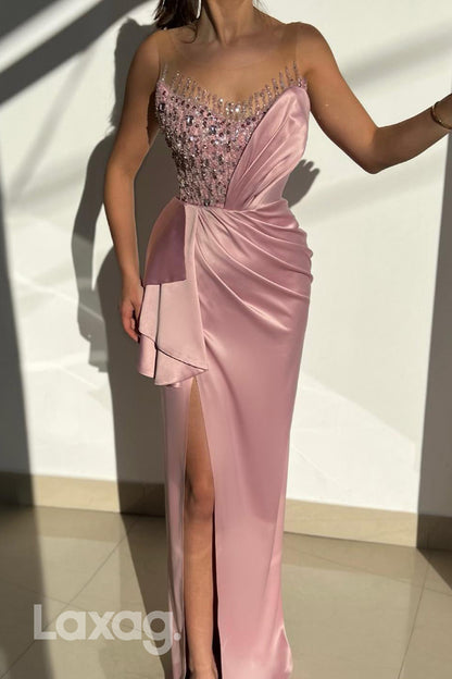 22101 - Scoop Sleeveless  Beaded Ruched High Slit Mermaid Party Prom Formal Evening Dress