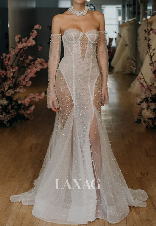 Sweetheart Long-Sleeves Beaded Sequined Pearl Bride Gowns Off-Shoulder Sheer Mermaid Wedding Dress