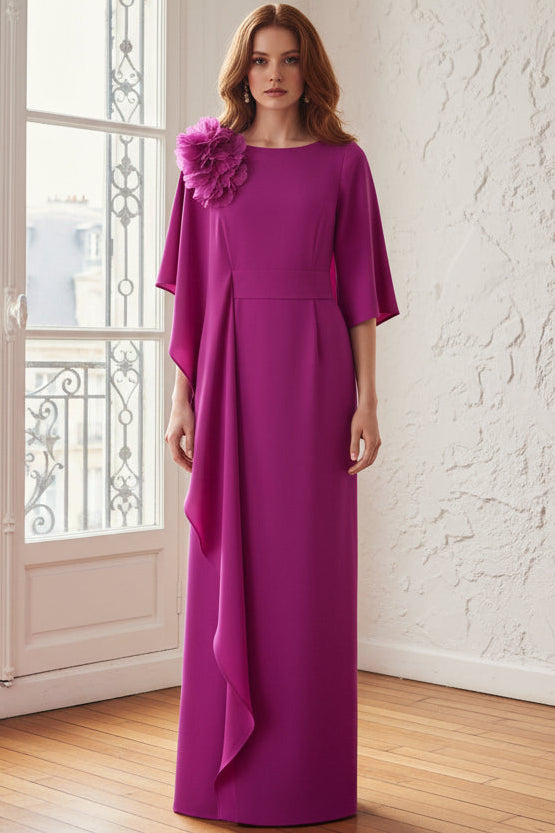 Scoop-Neck Half-Sleeves 3D-Floral Ruffled Chiffon Floor-Length Fitted Mother of the Bride Dress