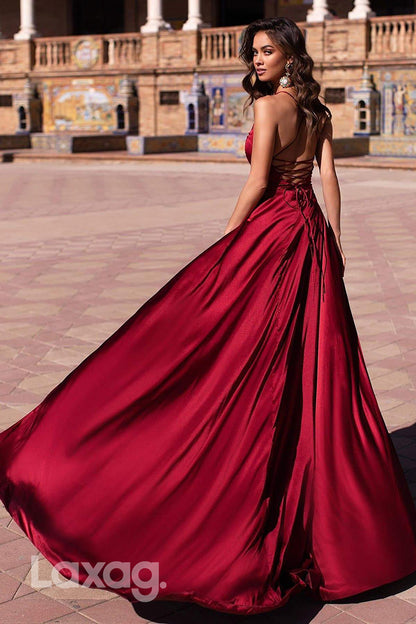 22187 - Sexy Low V-Neck Traps Backless Sleek Satin Double High Slit Prom Dress with Train