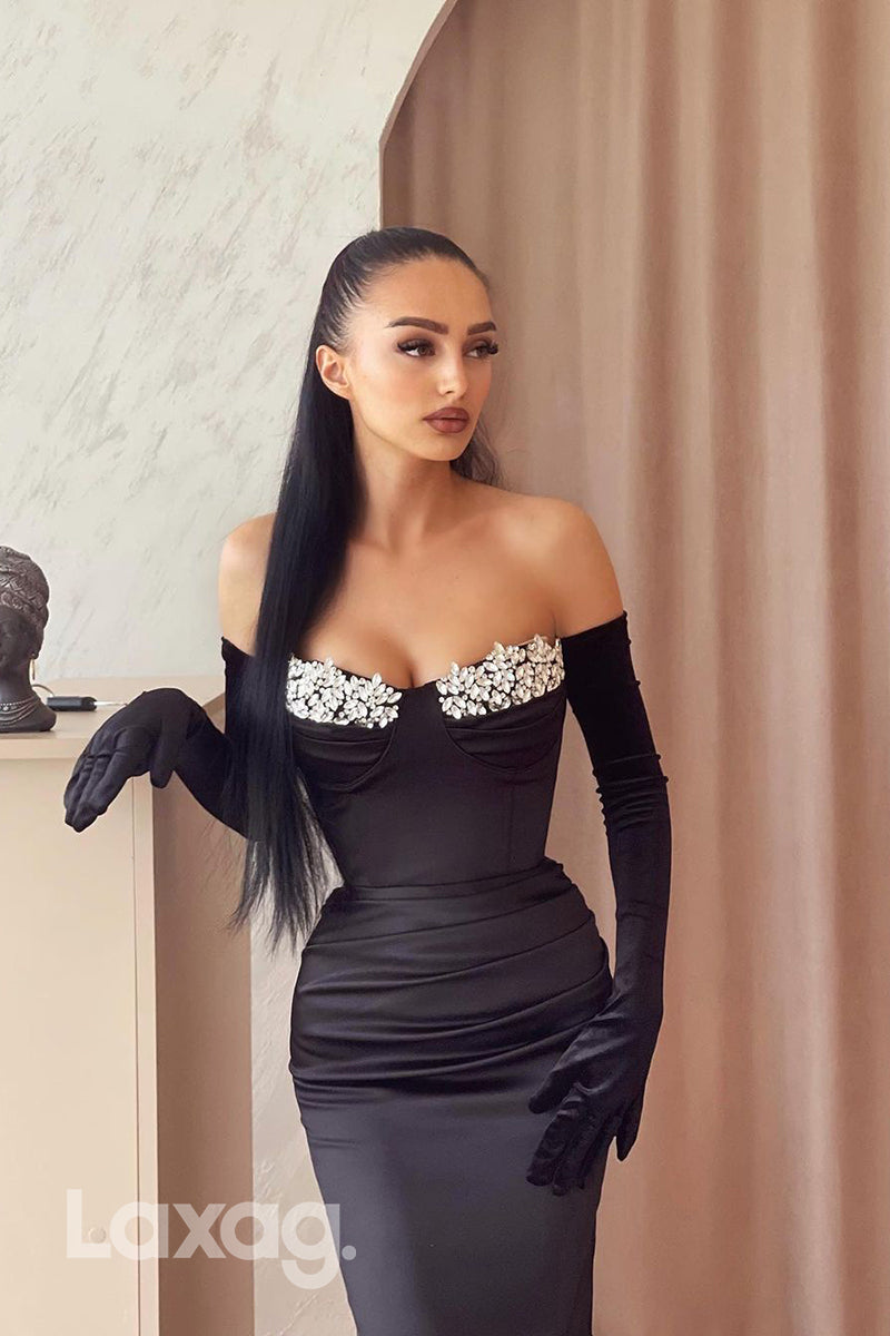 22122 - Sexy Off Shoulder Crystal Sleek Satin Mermaid Party Prom Formal Evening Dress