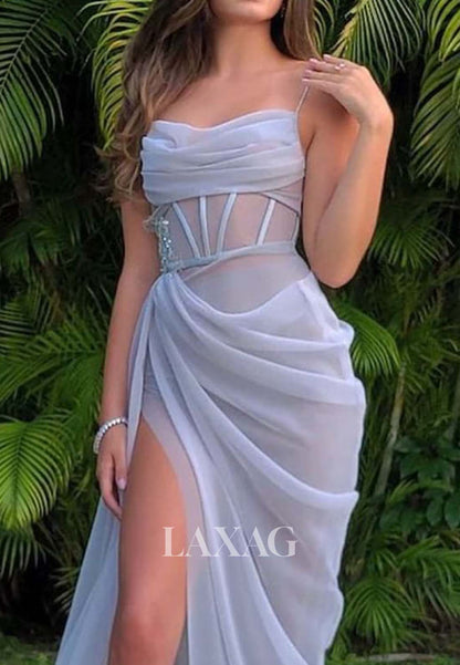 Sexy Tulle A-line illusion Spaghetti Straps Sweetheart Sleeveless Prom Dress with High Slit