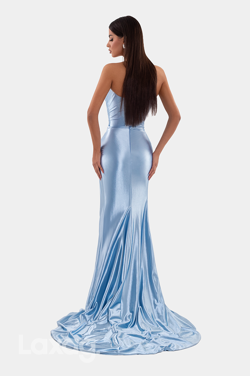 22143 - Sexy V-Neck Beaded Draped Sleek Satin High Slit Mermaid Prom Dress with Train