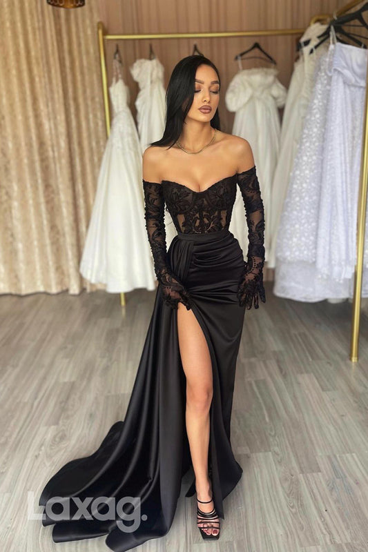 22102 - Sexy V-Neck Long Sleeves Lace Appliques High Slit Prom Dress with Train