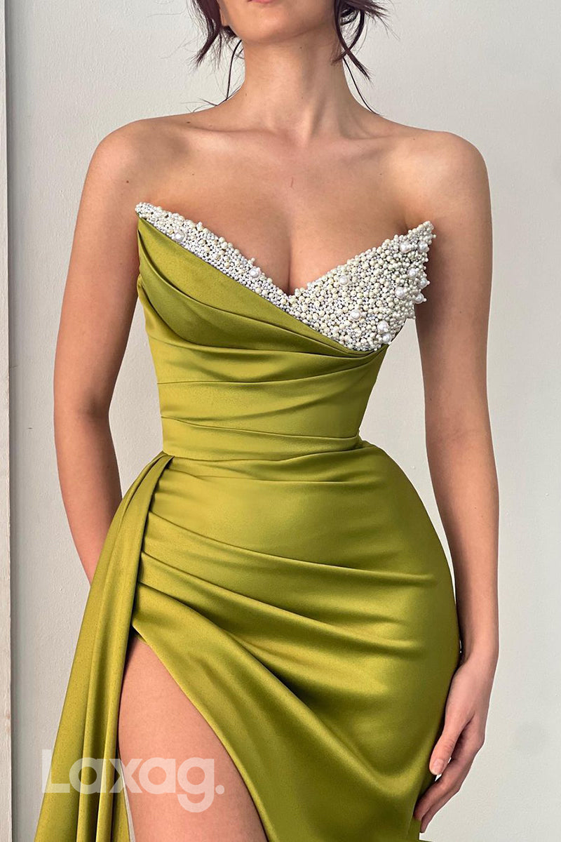 22104 - Sexy V-Neck Strapless Ruched Sleek Satin Beaded Prom Dress with High Slit