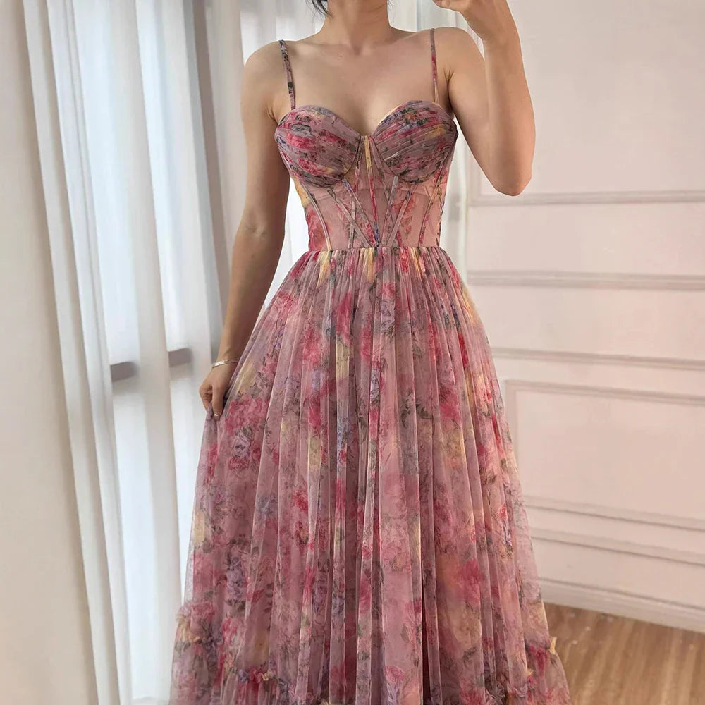 A-Line Sleeveless Print-Tulle Tiered Prom Dress Spaghetti Straps Floor-Length Party Gowns