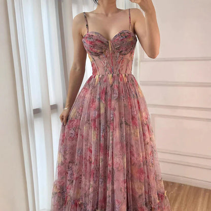 A-Line Sleeveless Print-Tulle Tiered Prom Dress Spaghetti Straps Floor-Length Party Gowns
