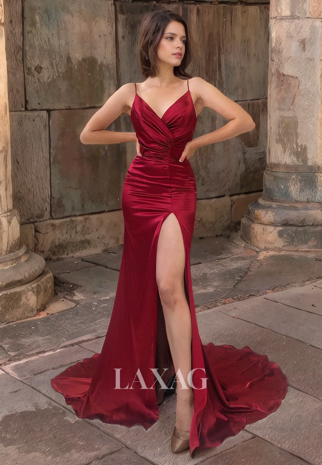 Sheath&Column V-Neck Formal Long Party Dress Pleated Satin Burgundy  Prom Dress