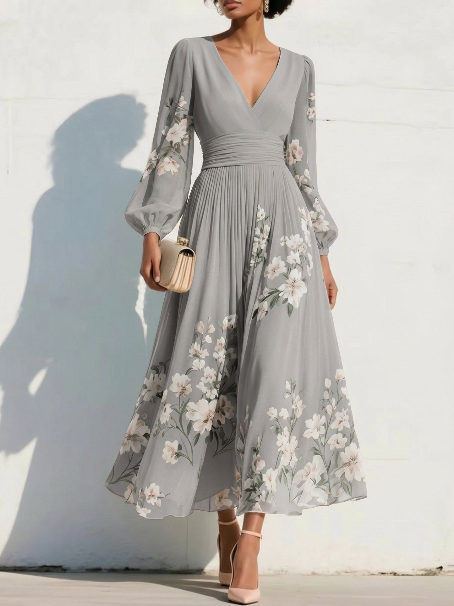 V-Neck Long-Sleeves Print-Chiffon Pleated Tea-Length A-Line Mother of the Bride Dress