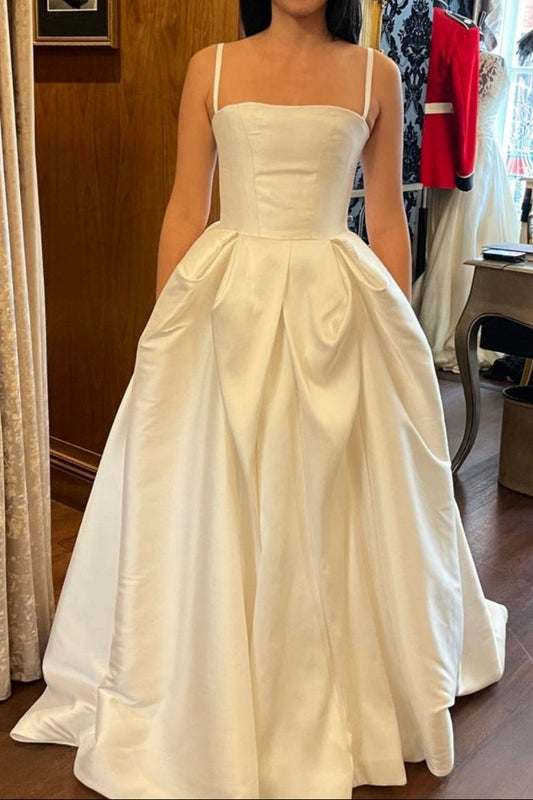 Tube Top Spaghetti Straps Floor-Length Satin Pleated A-Line Wedding Dress