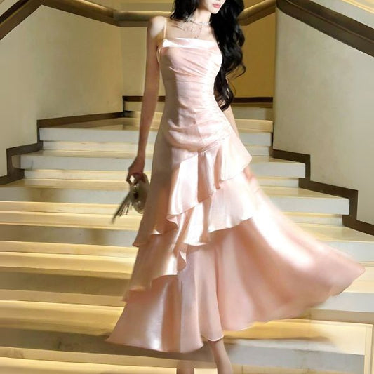 Tube Top Spaghetti Straps Floor-Length Chiffon Pleated Tiered Fitted Party Prom Dress