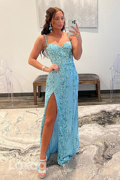 22295 - Spaghetti Straps Appliques High Slit Party Prom Formal Evening Dress