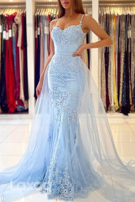 22251 - Spaghetti Straps Appliques Mermaid Party Prom Formal Evening Dress with Overlay