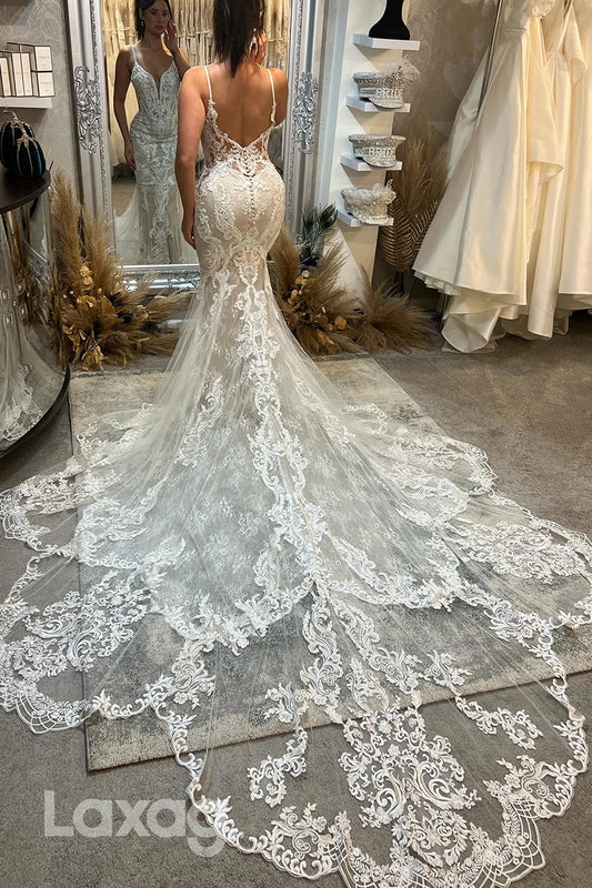 22370 - Spaghetti Straps Appliques Tulle Mermaid Wedding Dress with Train