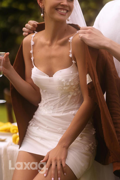 22733 - Spaghetti Straps Appliques Tulle Sleek Satin Short Wedding Dress