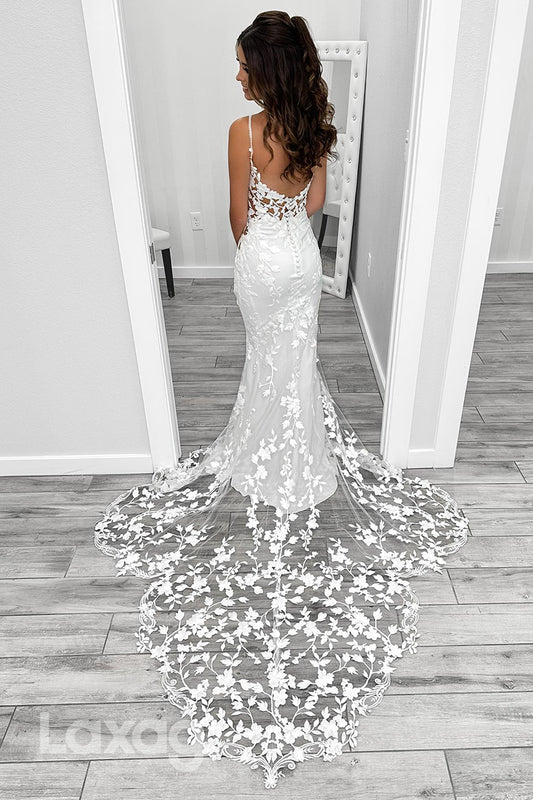 22363 - Spaghetti Straps Appliques Tulle illusion Mermaid Wedding Dress with Train