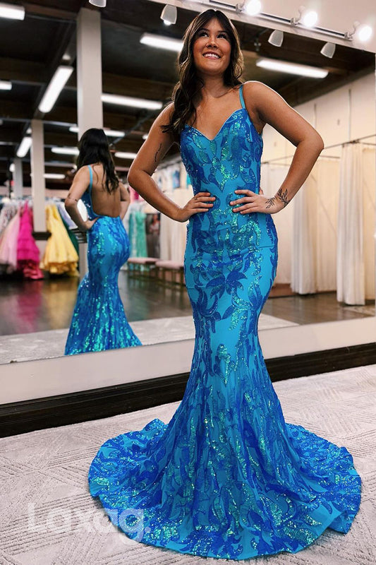 22229 - Spaghetti Straps Backless Appliques Mermaid Party Prom Formal Evening Dress