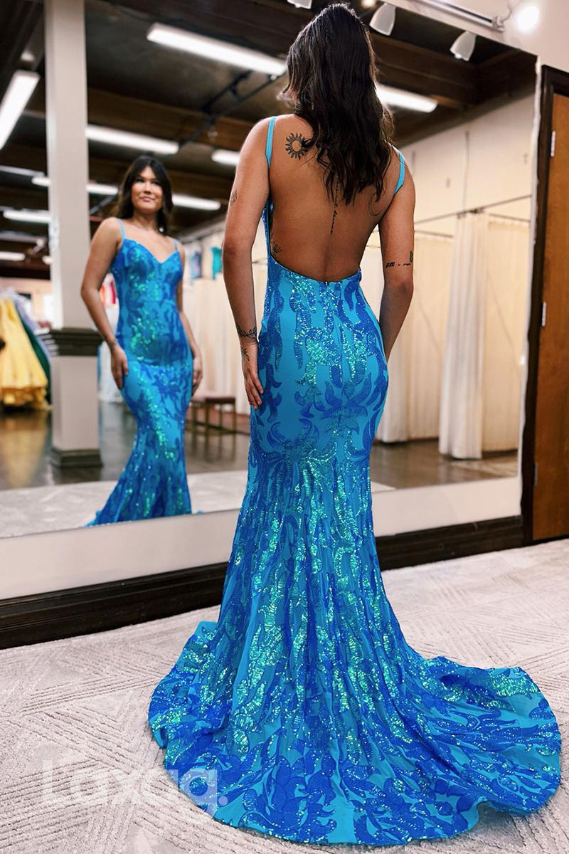 22229 - Spaghetti Straps Backless Appliques Mermaid Party Prom Formal Evening Dress