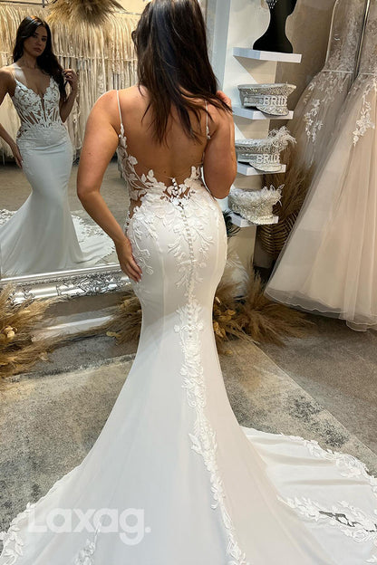 22369 - Spaghetti Straps Backless Appliques Mermaid Wedding Dress with Train