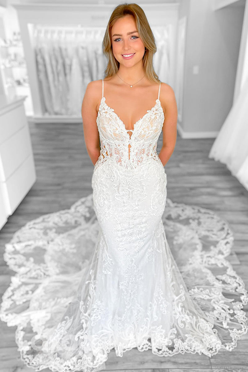 22364 - Spaghetti Straps Backless Appliques Tulle illusion Mermaid Wedding Dress with Train