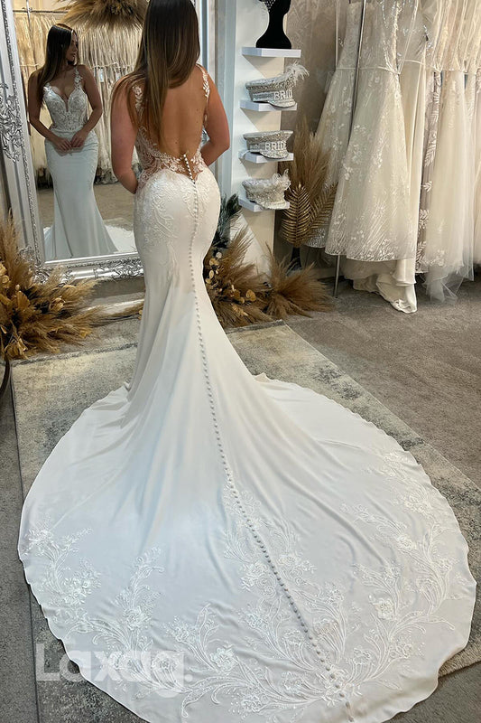 22366 - Spaghetti Straps Backless Appliques Tulle Mermaid Wedding Dress with Train