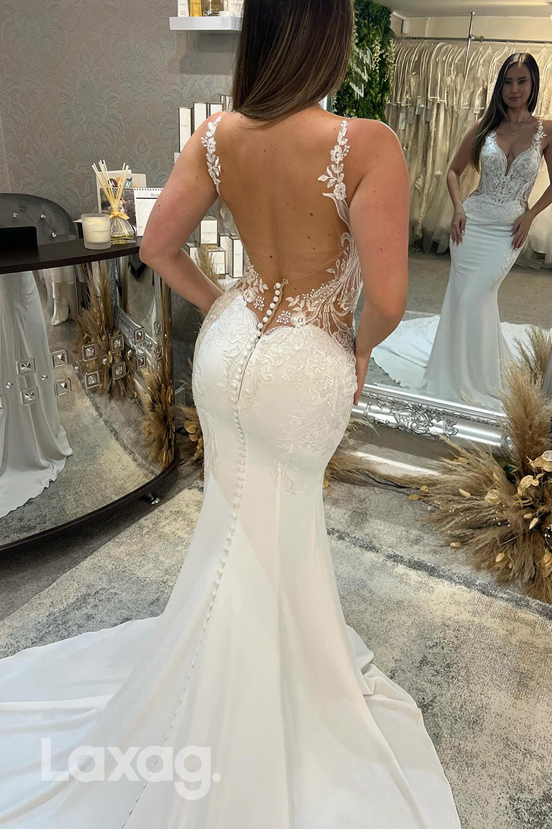 22366 - Spaghetti Straps Backless Appliques Tulle Mermaid Wedding Dress with Train