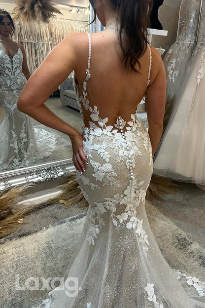 22367 - Spaghetti Straps Backless Appliques Tulle Sequins Mermaid Wedding Dress with Train