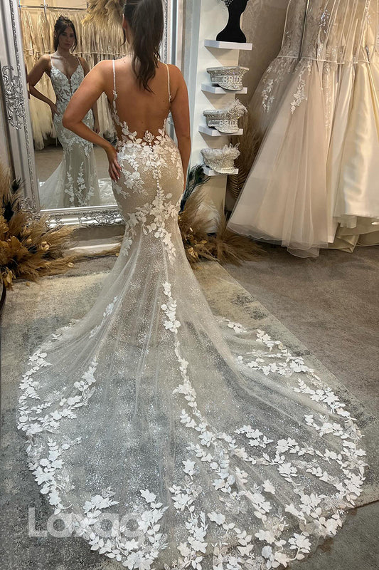 22367 - Spaghetti Straps Backless Appliques Tulle Sequins Mermaid Wedding Dress with Train