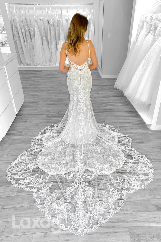 22364 - Spaghetti Straps Backless Appliques Tulle illusion Mermaid Wedding Dress with Train