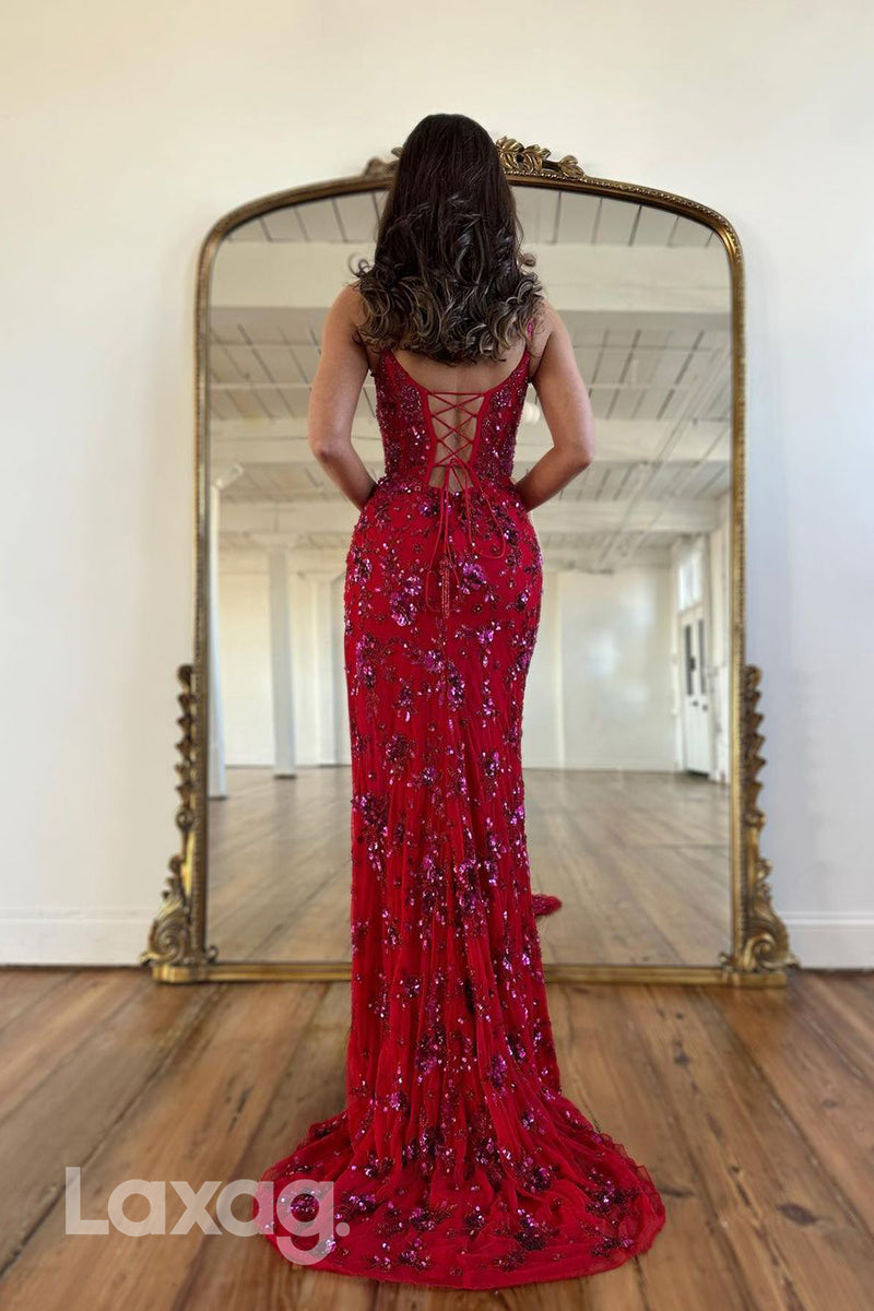 22323 - Spaghetti Straps Backless Beaded Sequins High Slit Mermaid Prom Dress