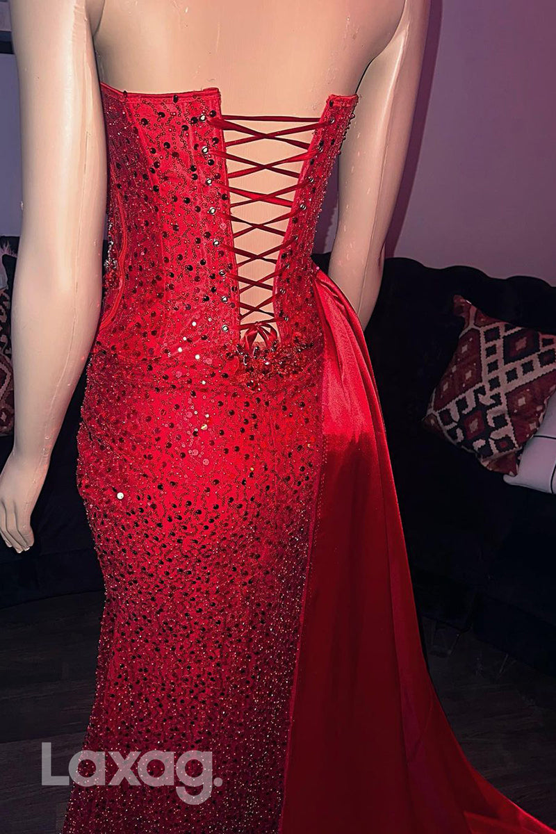 22210 - Spaghetti Straps Backless Fully Sequins High Slit Mermaid Prom Dress with Train