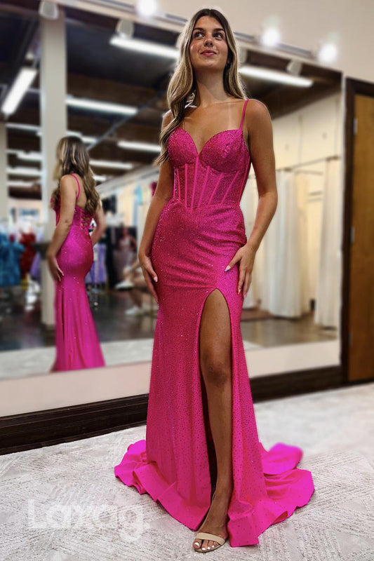 22318 - Spaghetti Straps Backless Fully Sequins High Slit Mermaid Prom Dress with Train