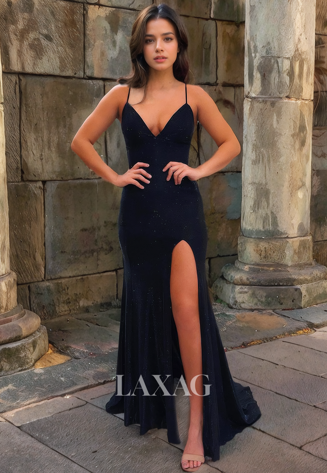 Spaghetti Straps Backless Fully Sequins High Slit Party Prom Formal Evening Dress