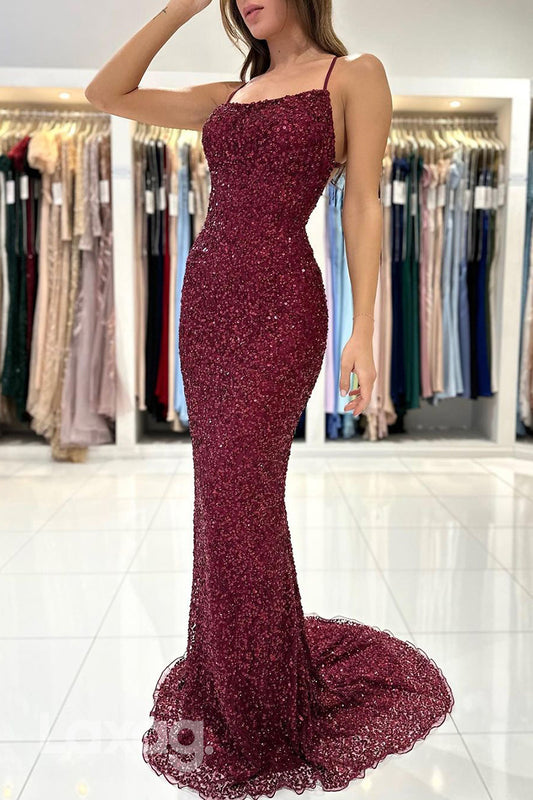 22264 - Spaghetti Straps Backless Fully Sequins Mermaid Party Prom Formal Evening Dress