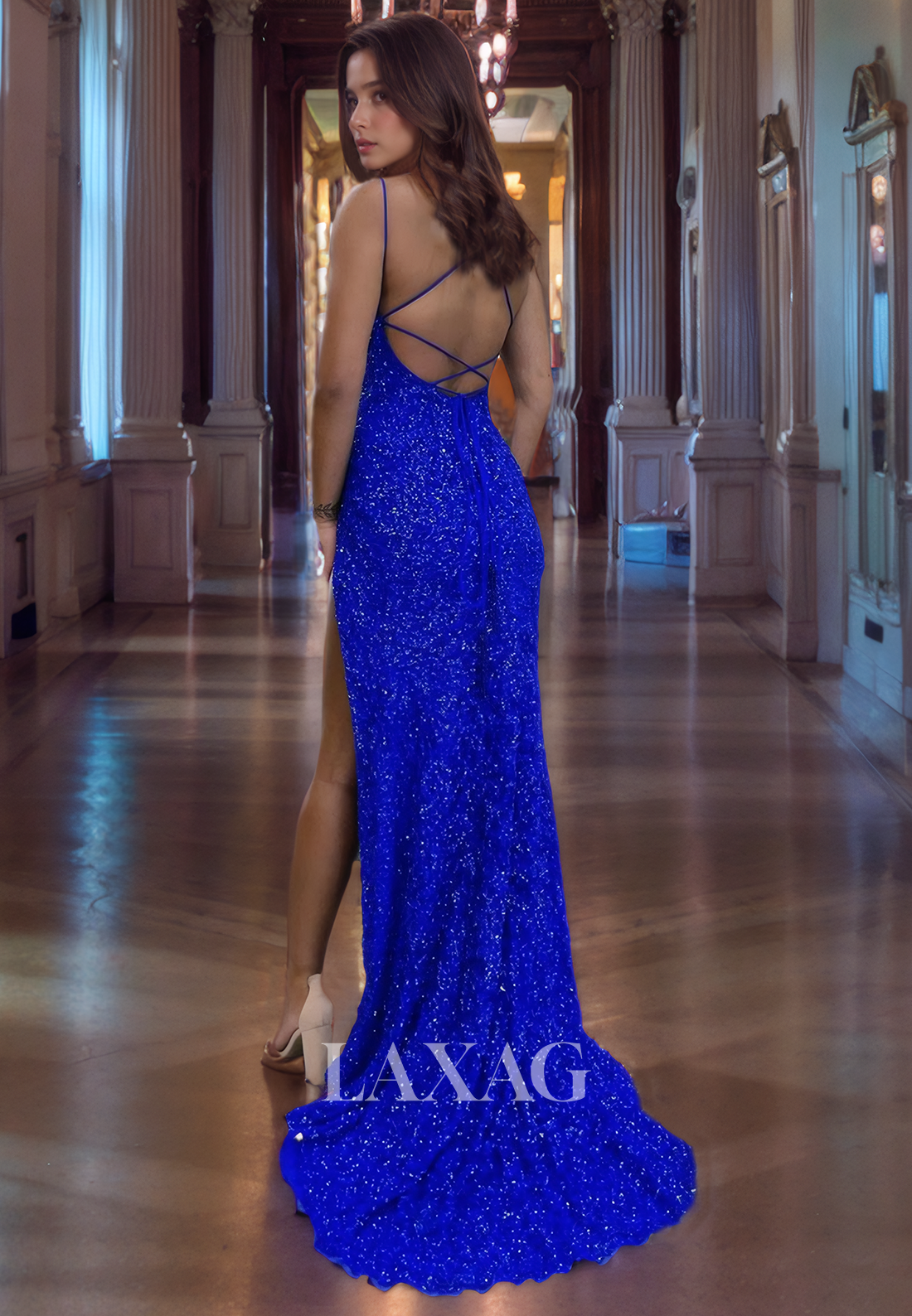 Spaghetti Straps Backless High Slit Fully Sequins Party Prom Formal Evening Dress