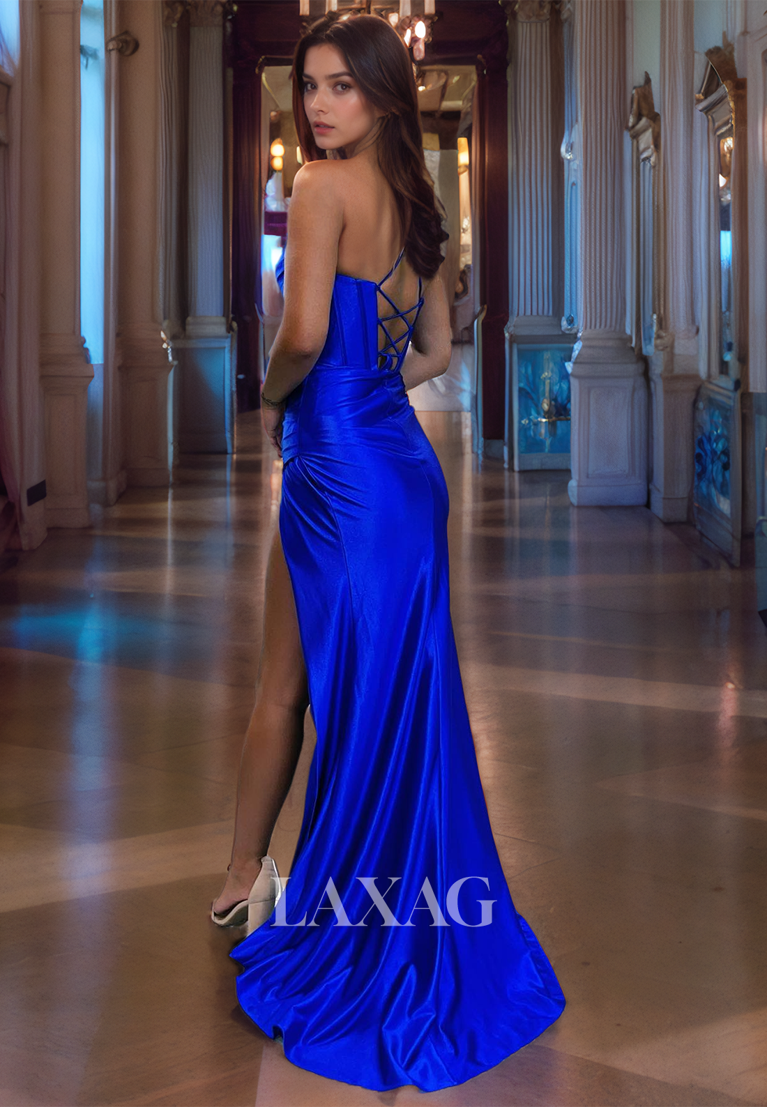 Spaghetti Straps Backless High Slit Sleek Satin Party Prom Formal Evening Dress