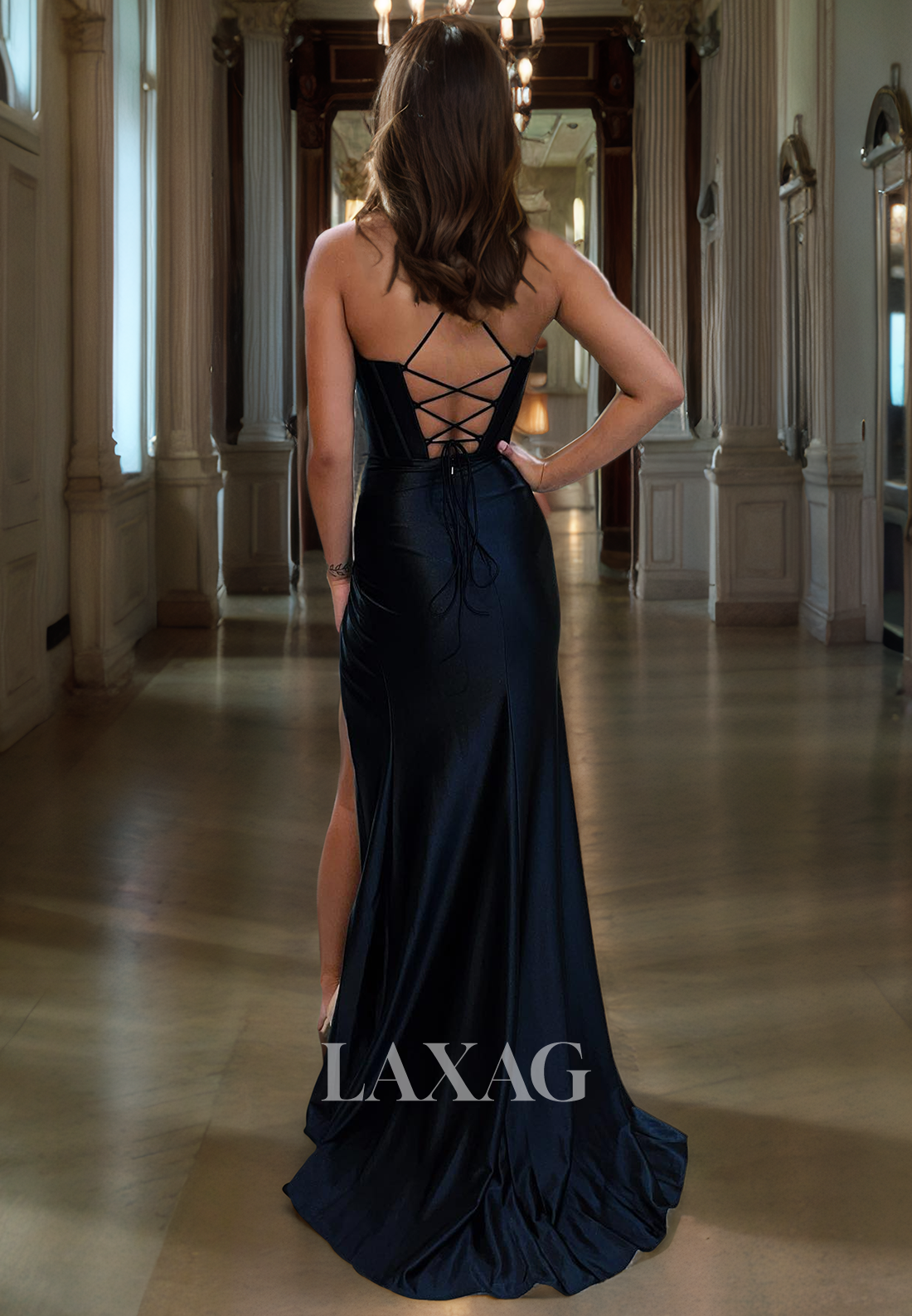 Spaghetti Straps Backless High Slit Sleek Satin Party Prom Formal Evening Dress