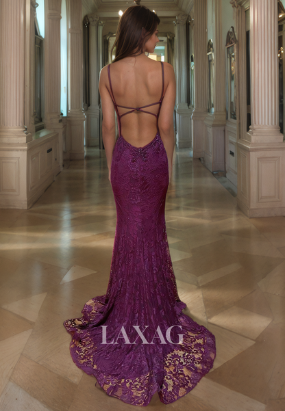 14792 - Allover Lace Illusion Beaded Open Back Sheath Dress