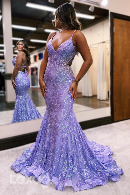 22135 - Spaghetti Straps V-Neck Backless Appliques Mermaid Party Prom Formal Evening Dress